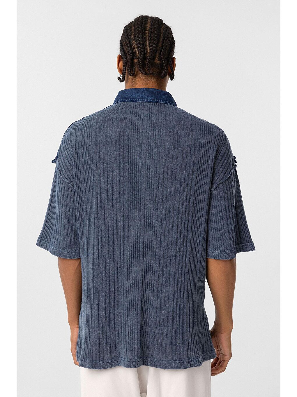 Yıkamalı Oversize Polo Yaka Tişört İndigo-4