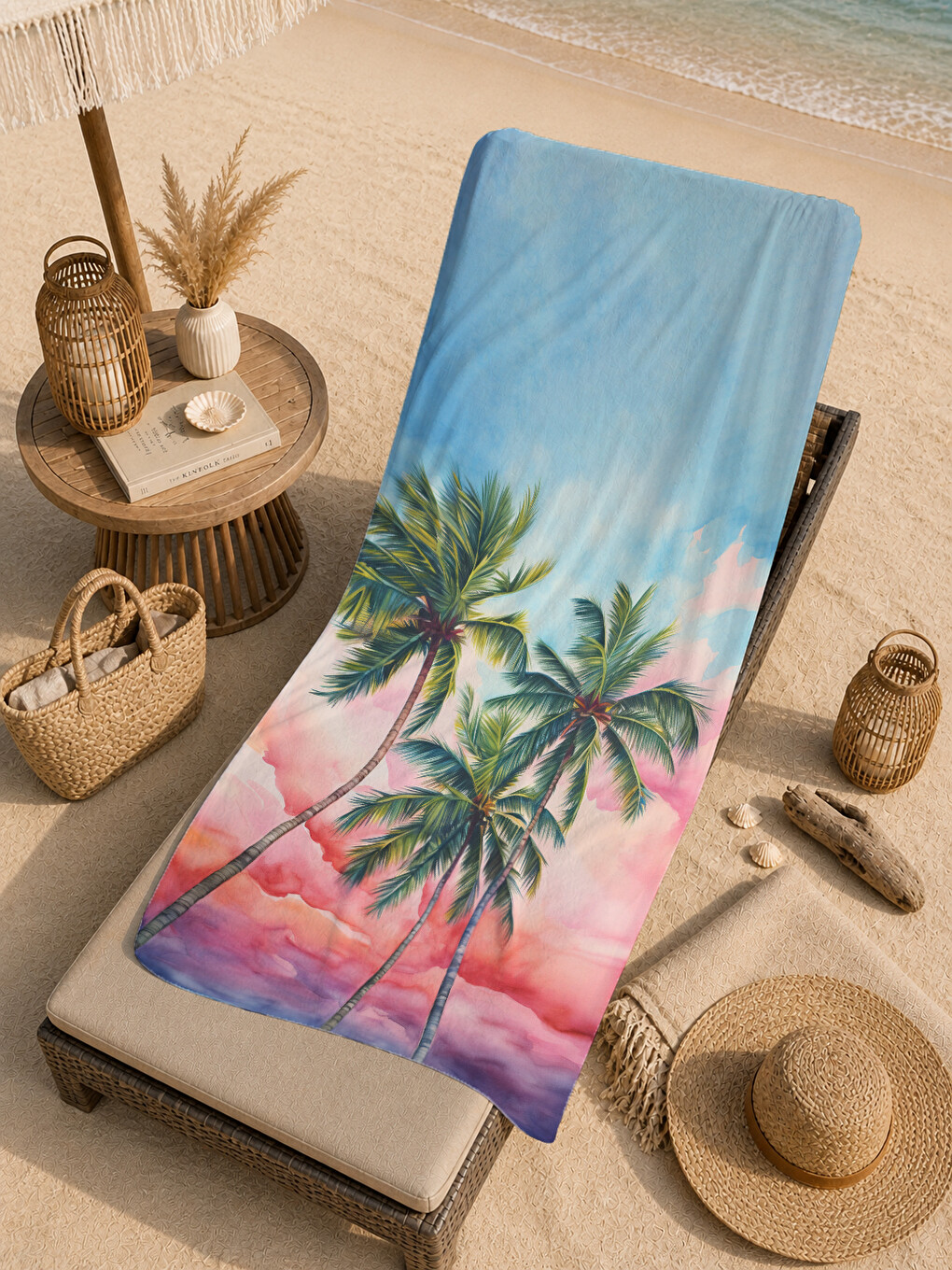Mavi Pastel Batımı Palmiye Manzaralı 70x150 Cm Dijital Baskılı Plaj Ve Banyo Havlusu-4