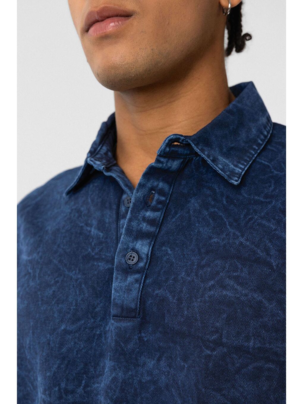 Yıkamalı Oversize Polo Yaka Tişört İndigo-5