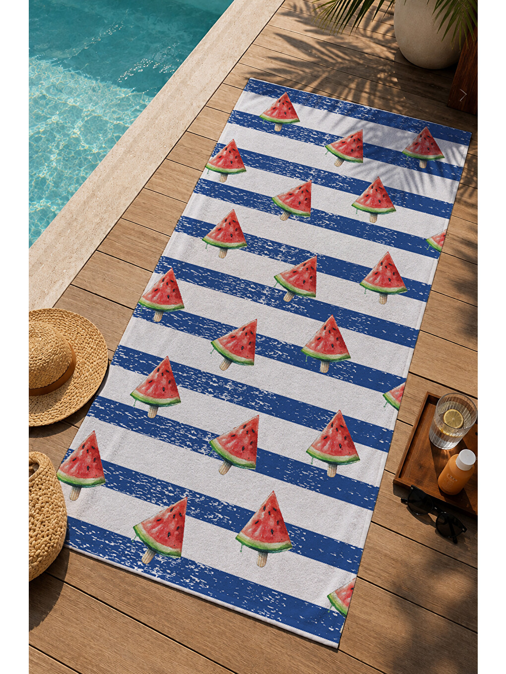 Milbay Grup Mavi Beyaz Çizgili Yelkenli Desenli 70x150 Cm Dijital Plaj Ve Banyo Havlusu-37368-2