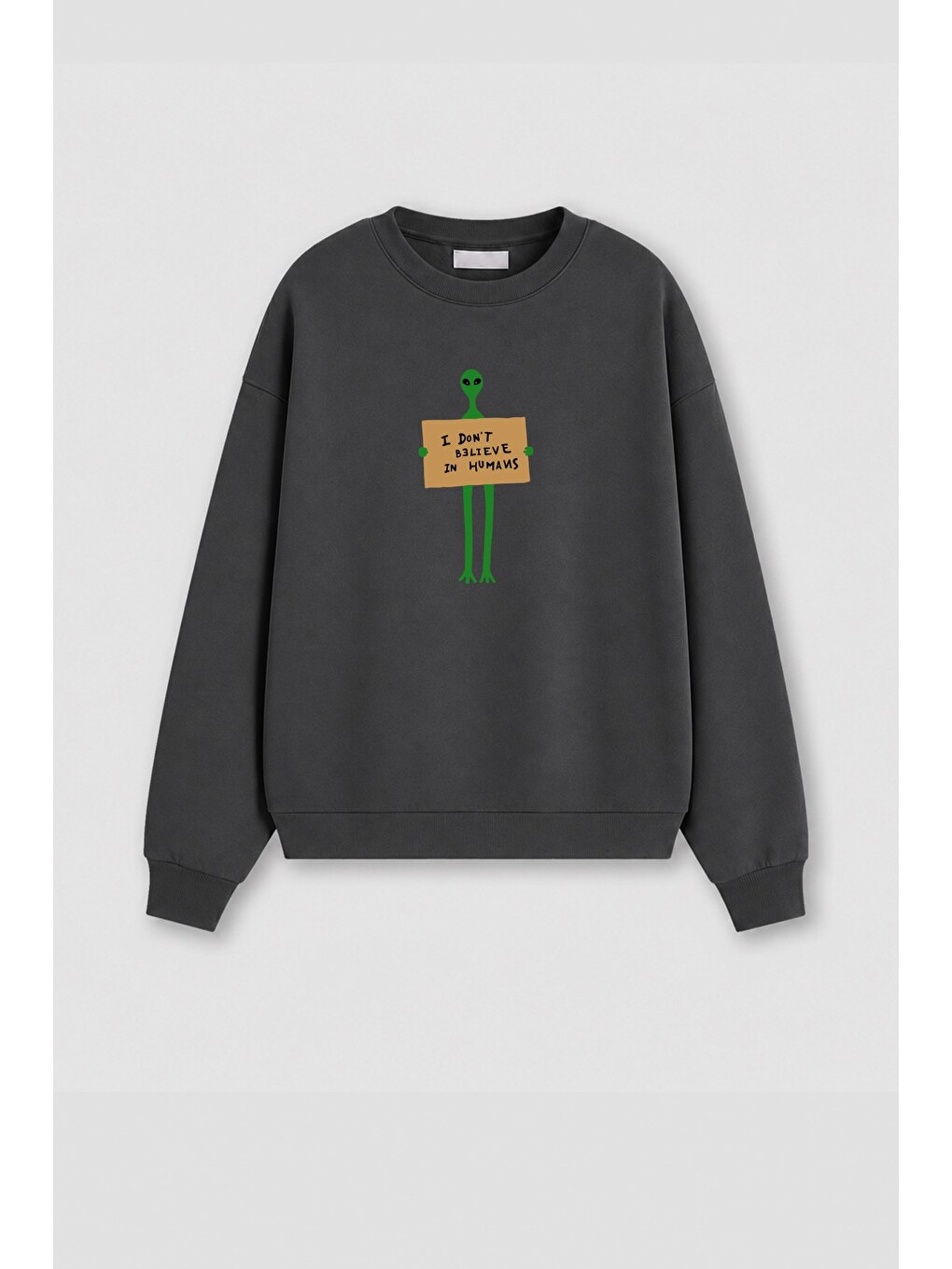 Antrasit Kadın Premium Kumaş 3 İplik Şardonlu Uzaylı Baskılı Sweatshirt-1