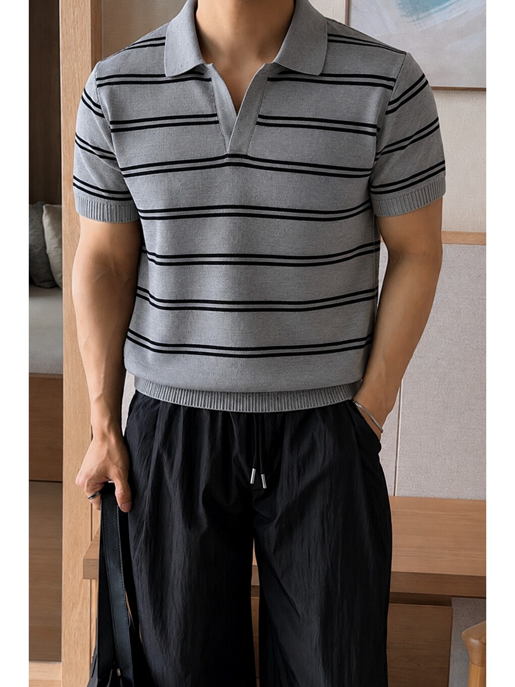 Gri Erkek Çizgili Polo Yaka Viskon Triko Tişört – Slim Fit Yazlık Triko Polo