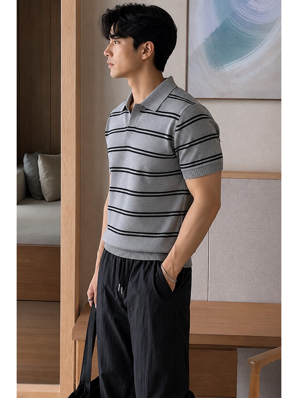Gri Erkek Çizgili Polo Yaka Viskon Triko Tişört – Slim Fit Yazlık Triko Polo-1
