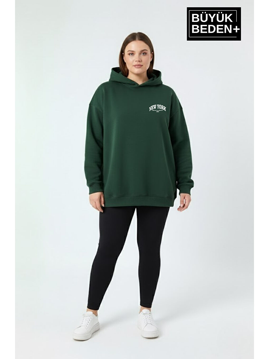 Yeşil Kadın Büyük Beden New York Baskılı Kapüşonlu Sweatshirt SPR26BSWK962