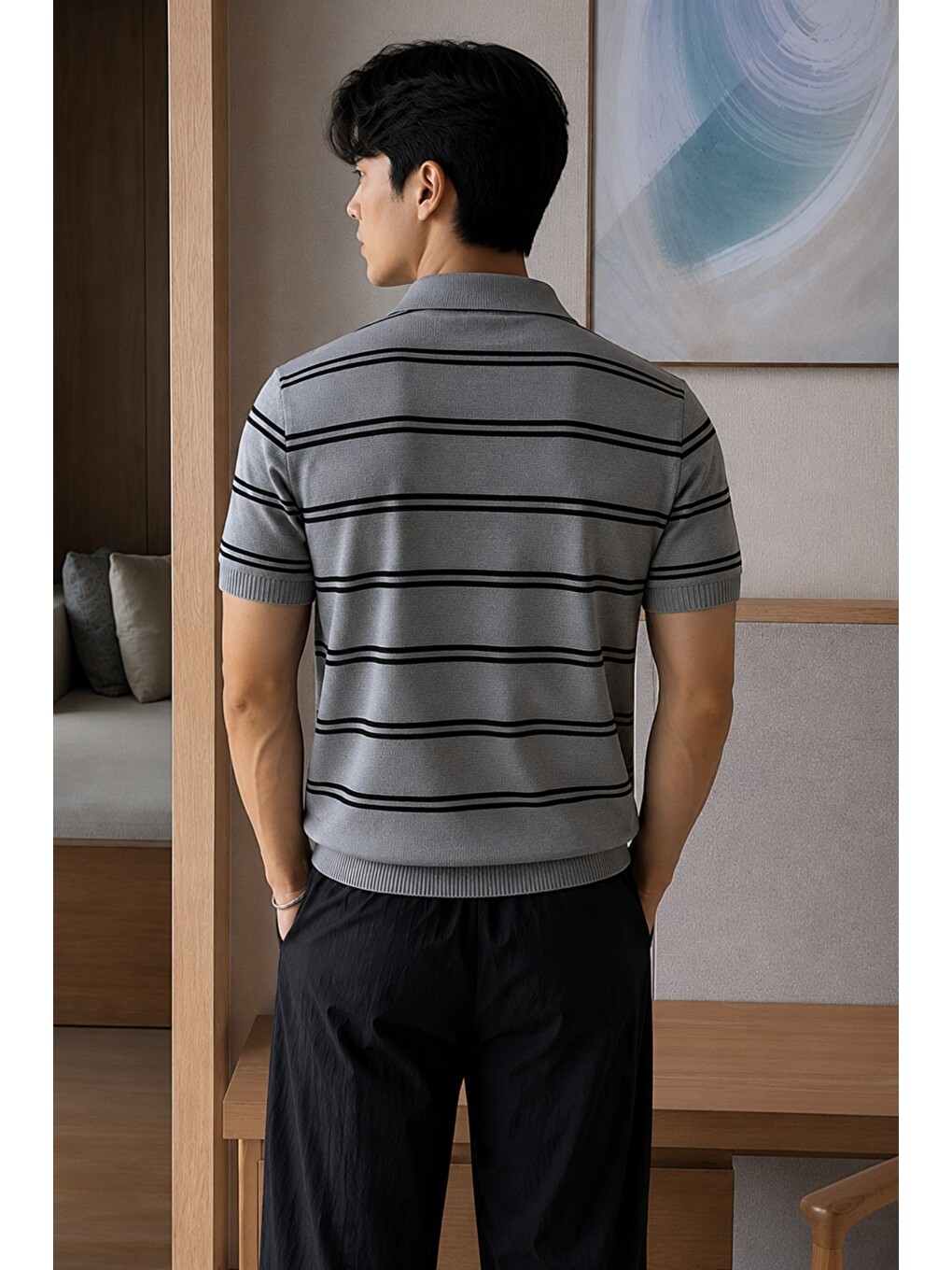 Gri Erkek Çizgili Polo Yaka Viskon Triko Tişört – Slim Fit Yazlık Triko Polo-2