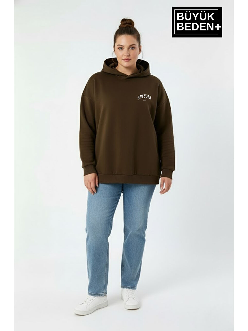 Kahverengi Kadın Büyük Beden New York Baskılı Kapüşonlu Sweatshirt SPR26BSWK962