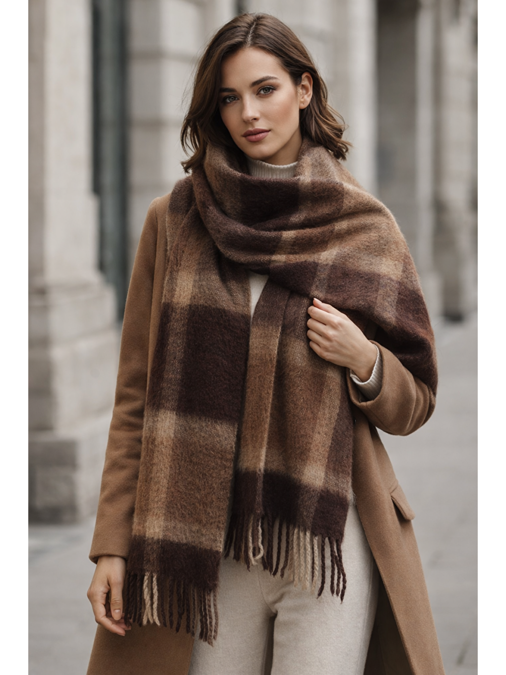 Kadın Kahverengi Ekose Desenli Atkı-Şal SAL1304-2