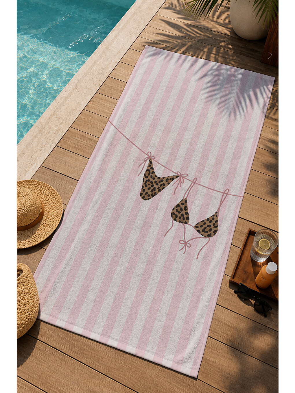 Milbay Grup Pembe Beyaz Çizgili Kelebek Desenli 70x150 Cm Dijital Plaj Ve Banyo Havlusu-37390-2
