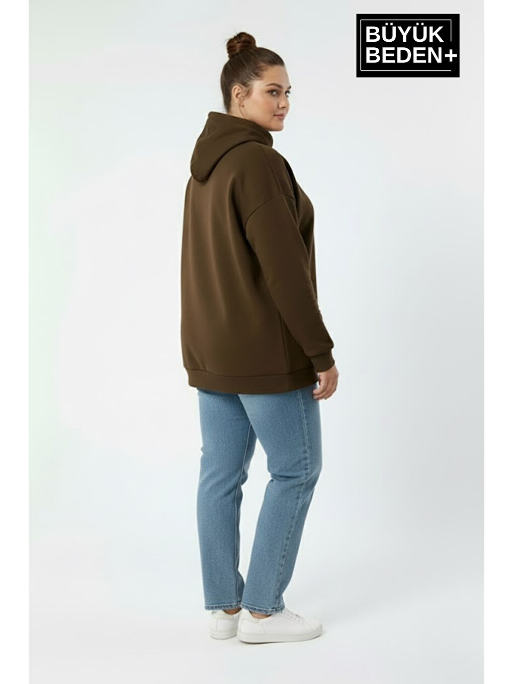 Kahverengi Kadın Büyük Beden New York Baskılı Kapüşonlu Sweatshirt SPR26BSWK962-1