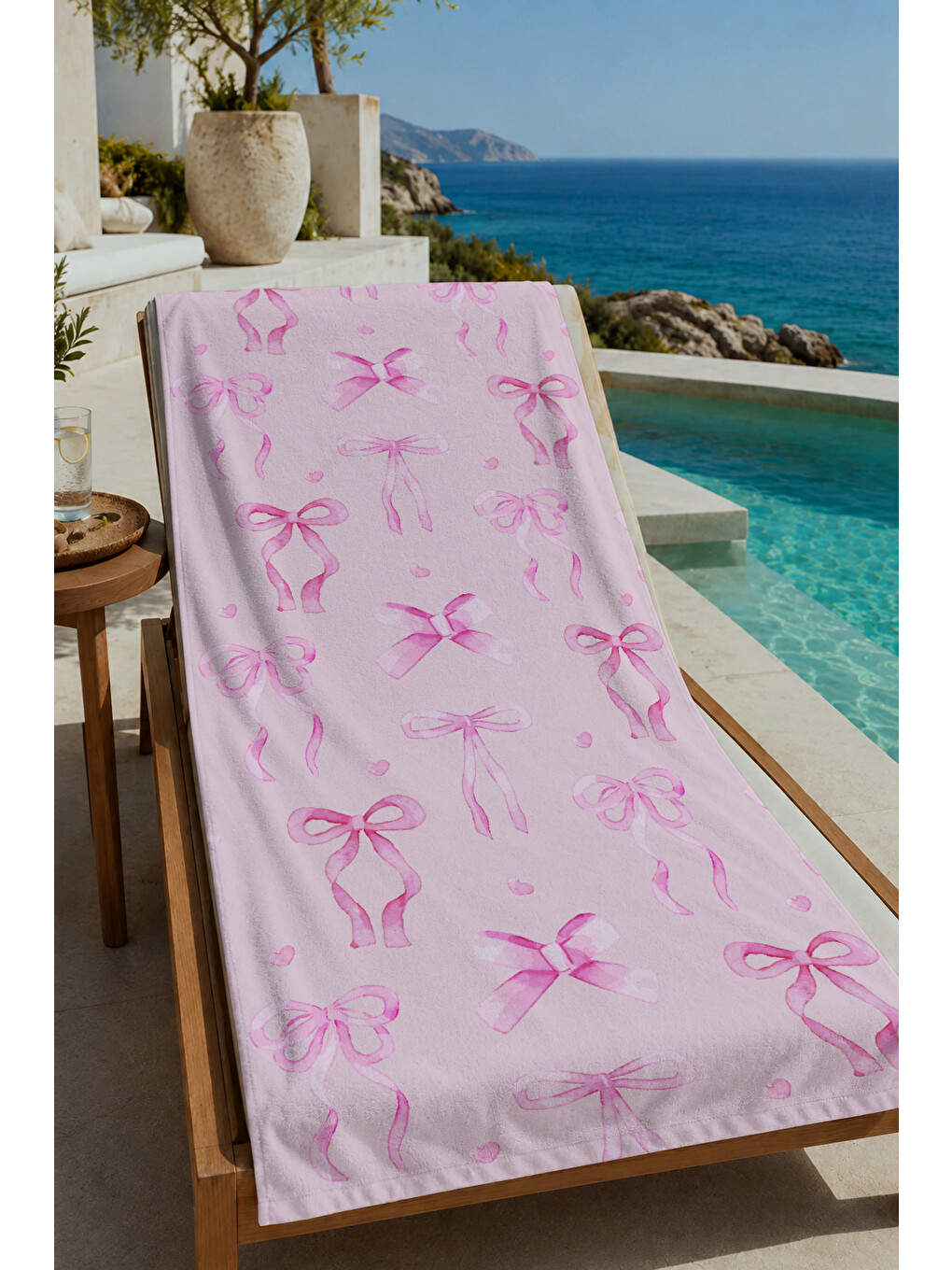 Pudra Pembe Kurdele Fiyonk Desenli 70x150 Cm Dijital Baskılı Plaj Ve Banyo Havlusu