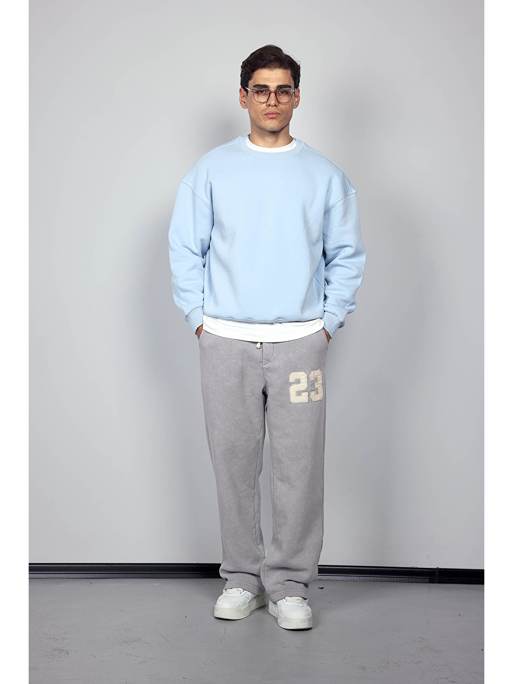 Erkek Baskılı Yıkamalı Baggy Fit Eşofman Gri-1