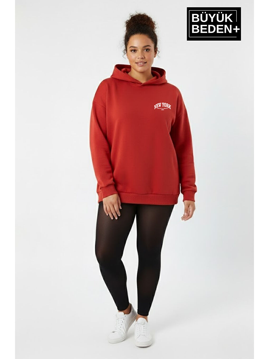 Kırmızı Kadın Büyük Beden New York Baskılı Kapüşonlu Sweatshirt SPR26BSWK962
