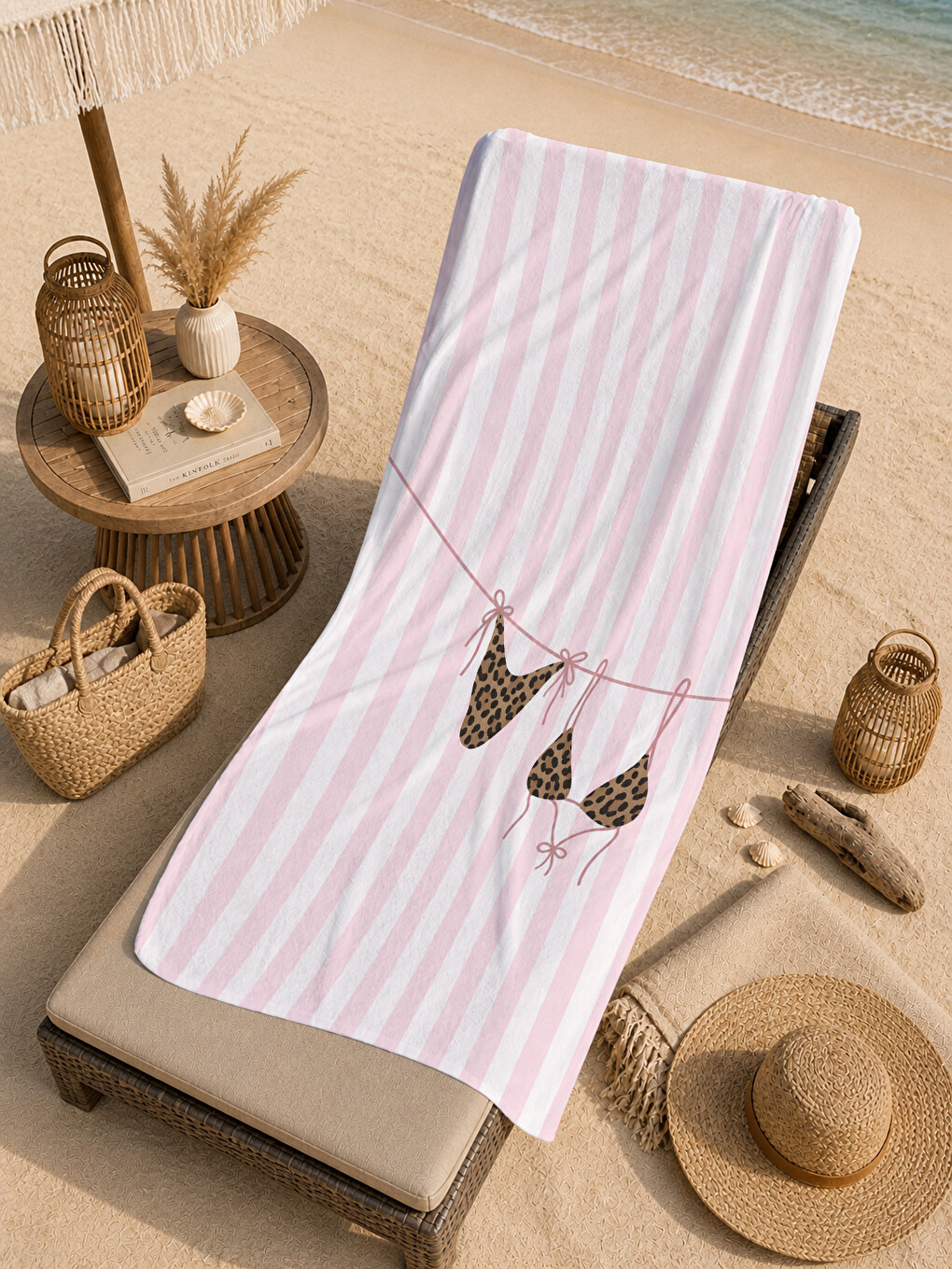 Milbay Grup Pembe Beyaz Çizgili Kelebek Desenli 70x150 Cm Dijital Plaj Ve Banyo Havlusu-37390-4