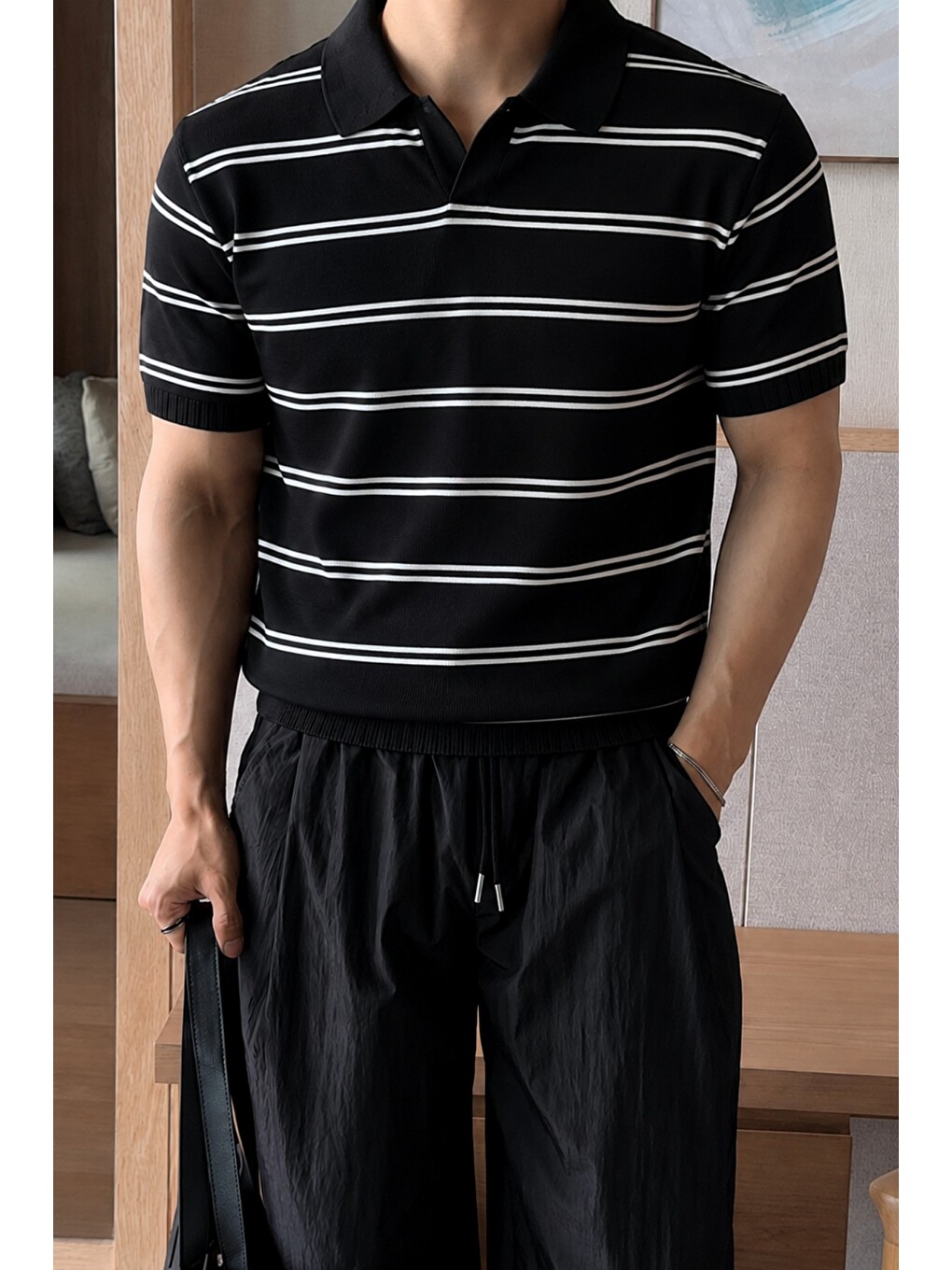 Siyah Erkek Çizgili Polo Yaka Viskon Triko Tişört – Slim Fit Yazlık Triko Polo