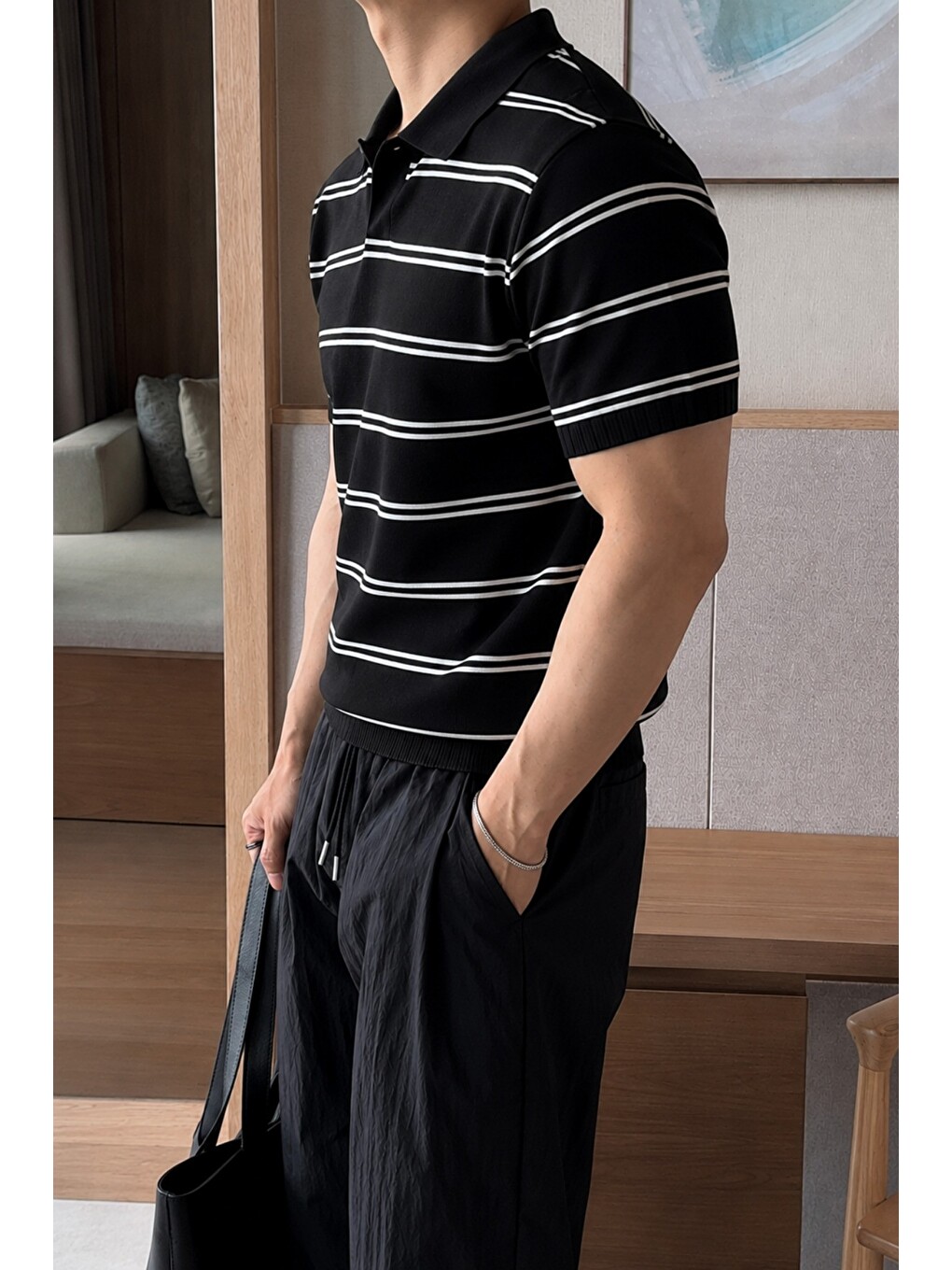 Siyah Erkek Çizgili Polo Yaka Viskon Triko Tişört – Slim Fit Yazlık Triko Polo-1
