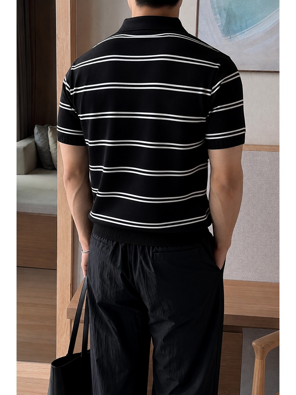 Siyah Erkek Çizgili Polo Yaka Viskon Triko Tişört – Slim Fit Yazlık Triko Polo-2