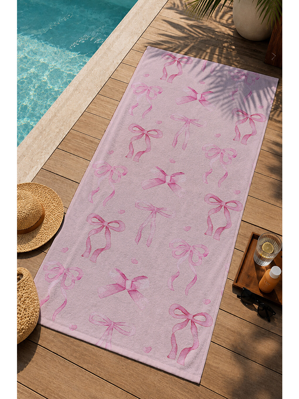 Pudra Pembe Kurdele Fiyonk Desenli 70x150 Cm Dijital Baskılı Plaj Ve Banyo Havlusu-2