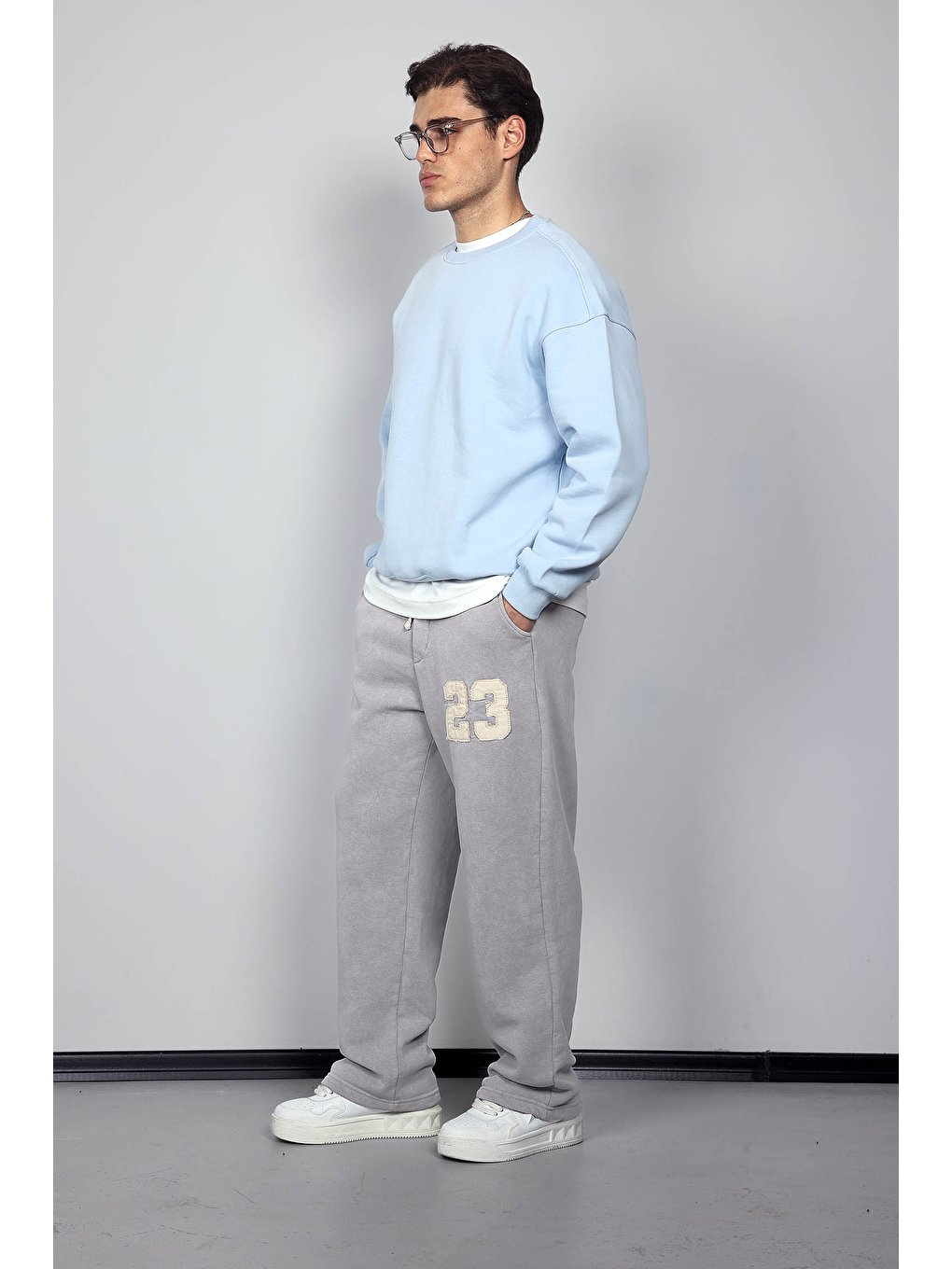 Erkek Baskılı Yıkamalı Baggy Fit Eşofman Gri-4