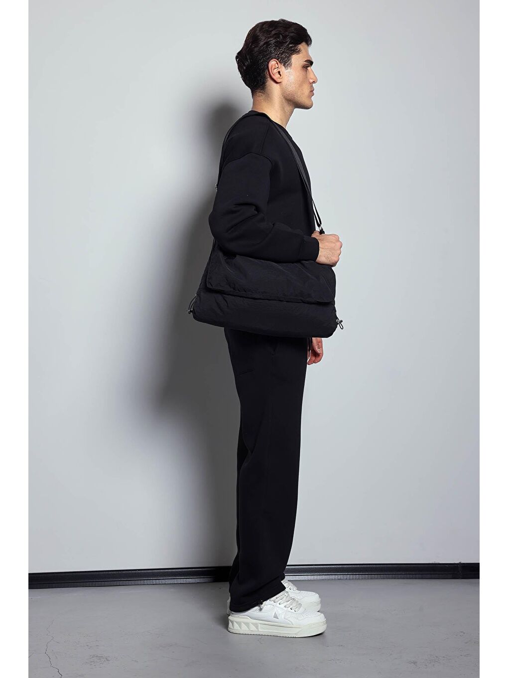 Erkek Ayarlanabilir Paça Lastikli Basic Baggy Fit Eşofman Altı Siyah-8