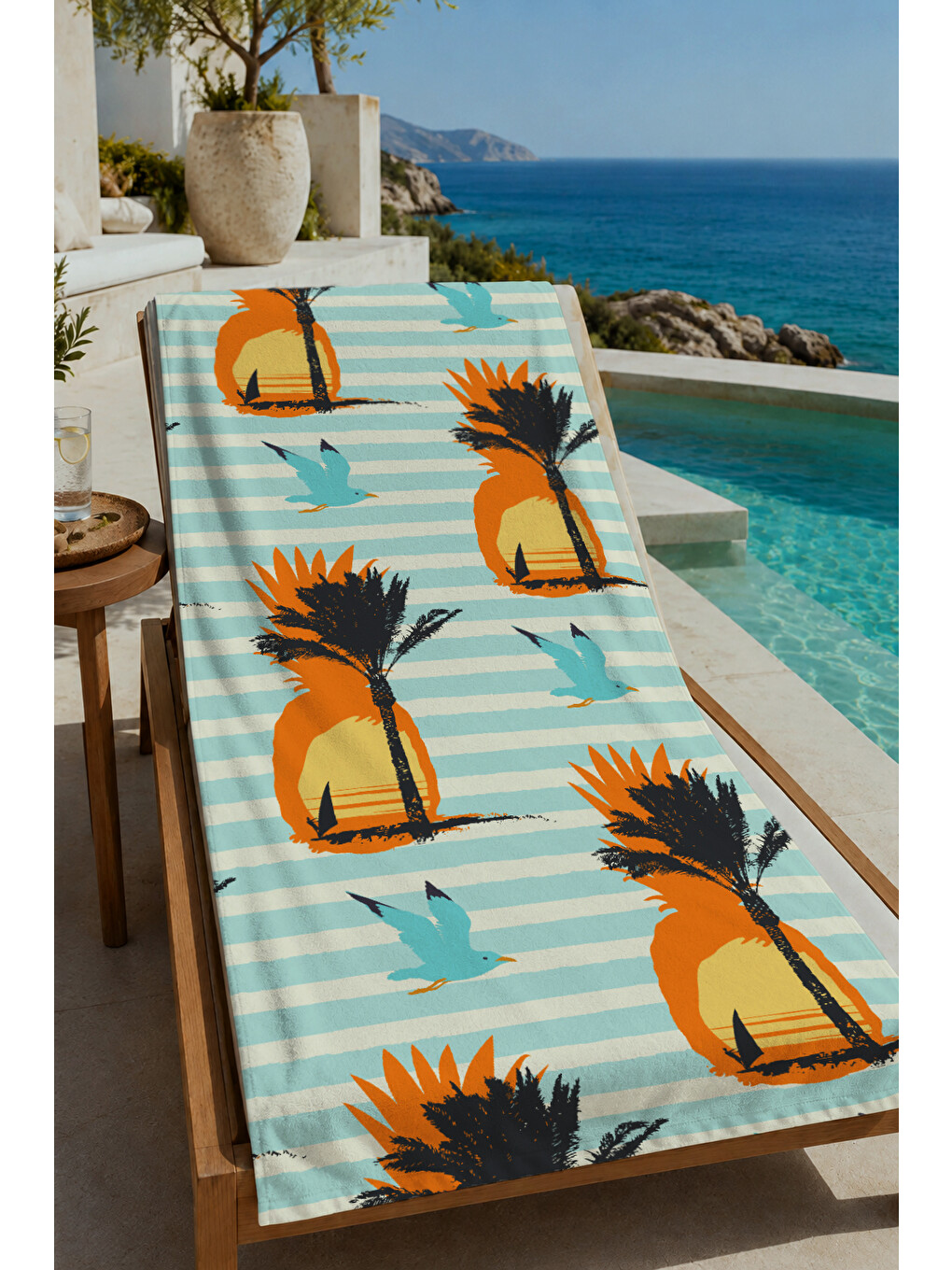 Milbay Grup Açık Mavi Çizgili Ananas Desenli 70x150 Cm Dijital Plaj Ve Banyo Havlusu-17437