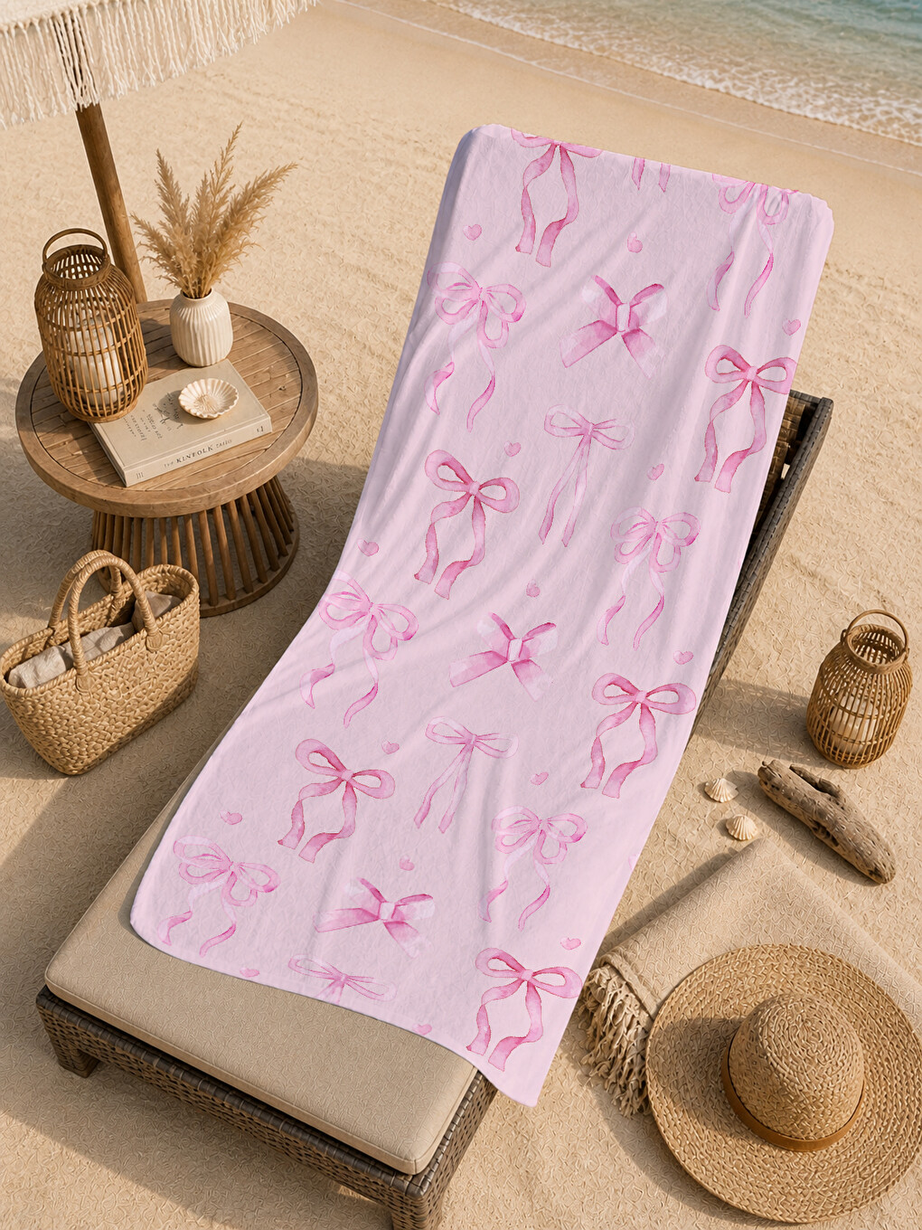 Pudra Pembe Kurdele Fiyonk Desenli 70x150 Cm Dijital Baskılı Plaj Ve Banyo Havlusu-4