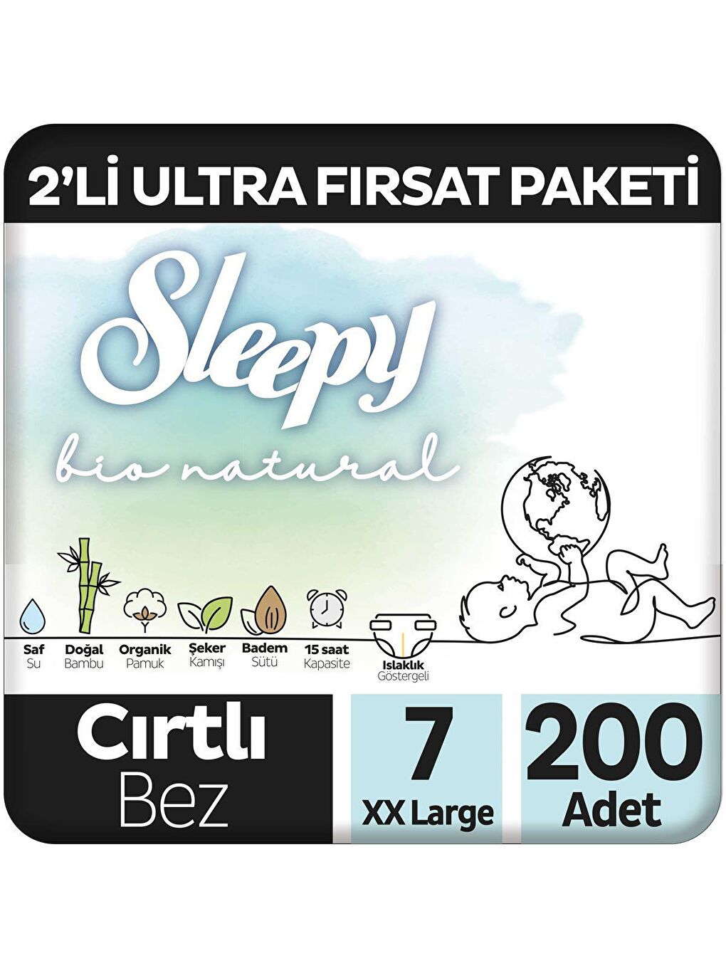 Sleepy Beyaz Bio Natural Ultra Fırsat Paketi Bebek Bezi 7 Numara Xxlarge 200 Adet