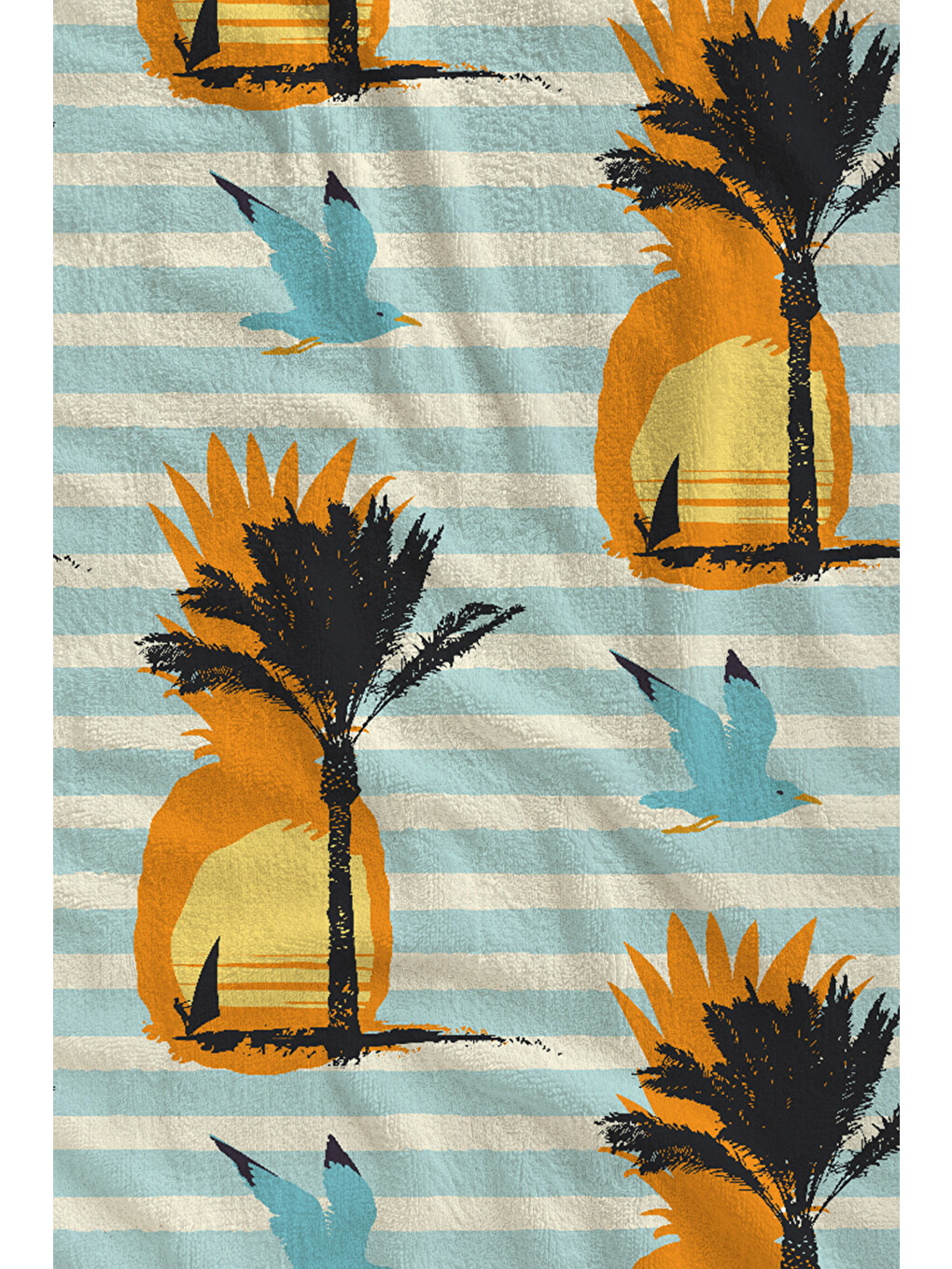 Milbay Grup Açık Mavi Çizgili Ananas Desenli 70x150 Cm Dijital Plaj Ve Banyo Havlusu-17437-1