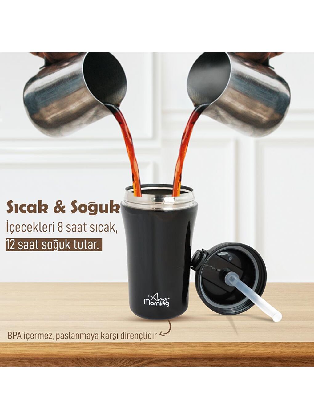 Any Morning Siyah SI232021 İki Ağızlı Termos Mug Siyah 400 ml - 8