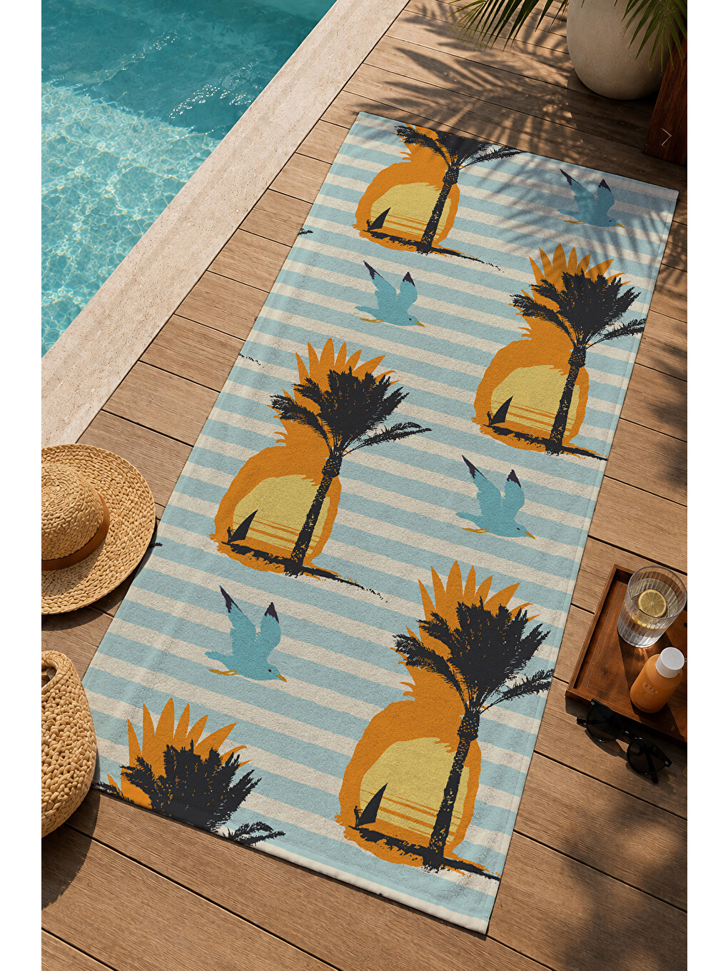 Milbay Grup Açık Mavi Çizgili Ananas Desenli 70x150 Cm Dijital Plaj Ve Banyo Havlusu-17437-2