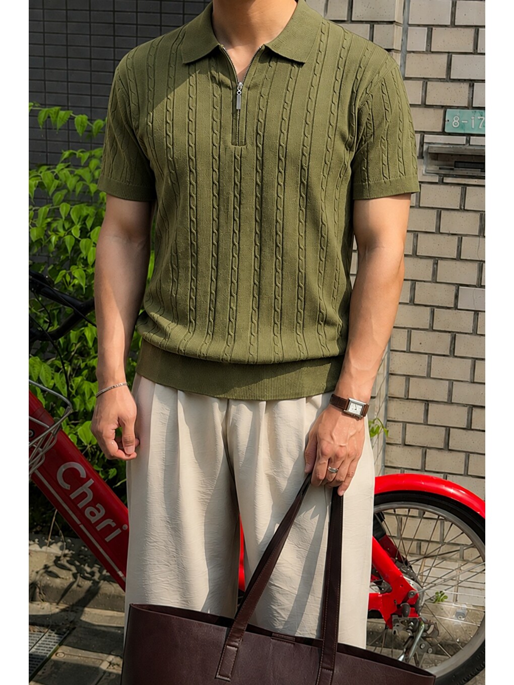 Haki Erkek Slim Fit Fermuarlı Polo Yaka Saç Örgü Desenli Triko Tişört – Yazlık Pamuklu Esnek Örme