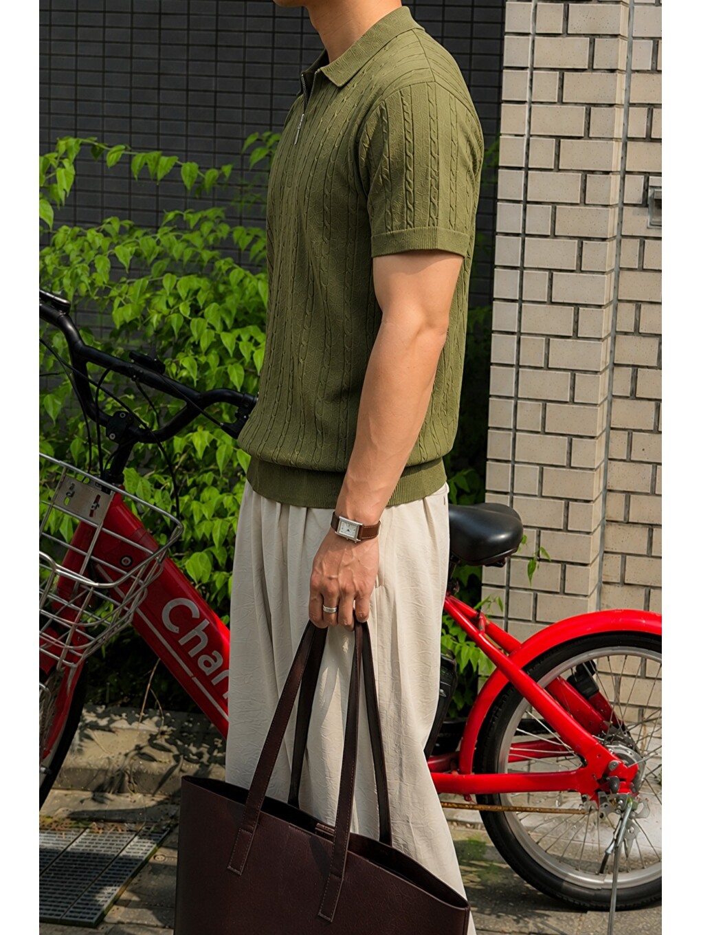 Haki Erkek Slim Fit Fermuarlı Polo Yaka Saç Örgü Desenli Triko Tişört – Yazlık Pamuklu Esnek Örme-1