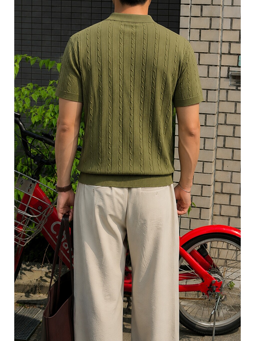 Haki Erkek Slim Fit Fermuarlı Polo Yaka Saç Örgü Desenli Triko Tişört – Yazlık Pamuklu Esnek Örme-2