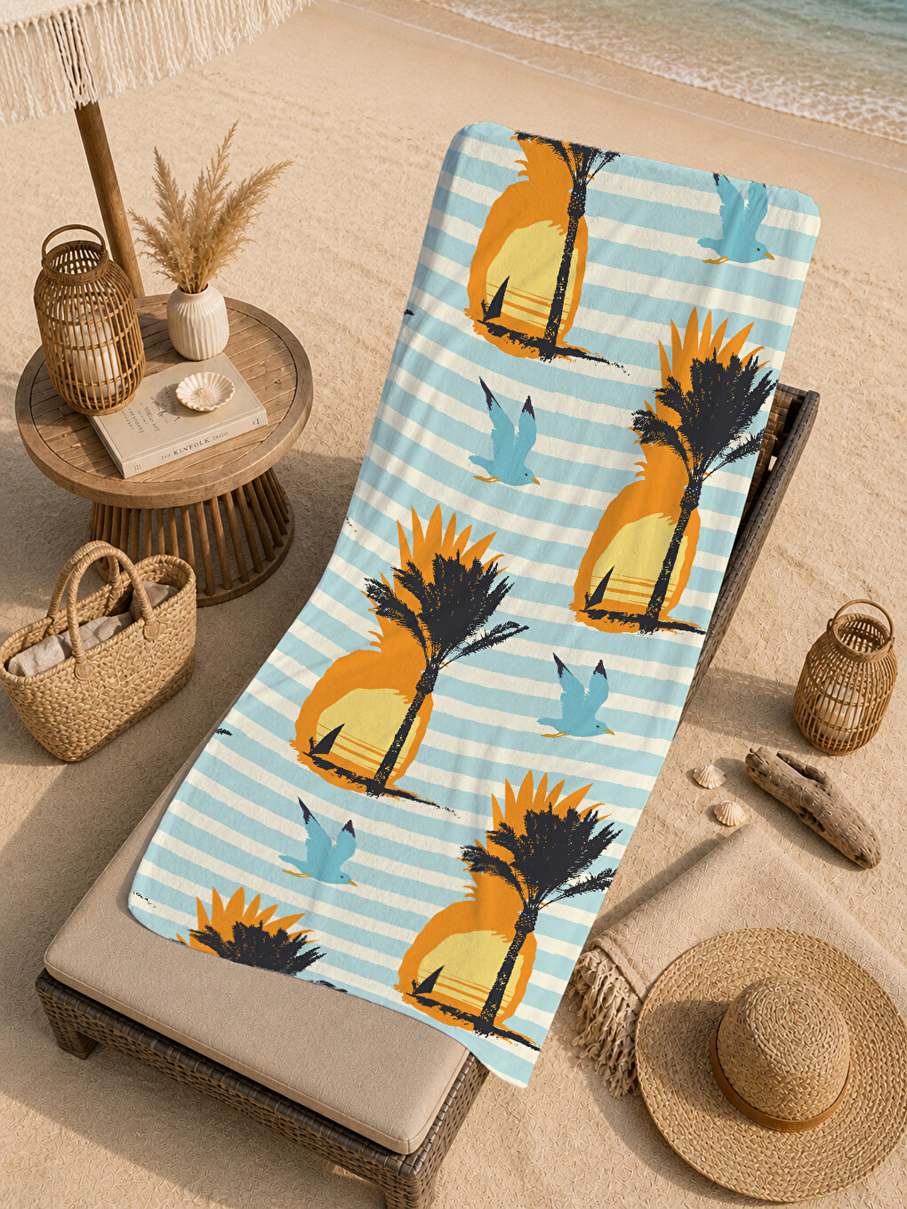 Milbay Grup Açık Mavi Çizgili Ananas Desenli 70x150 Cm Dijital Plaj Ve Banyo Havlusu-17437-4