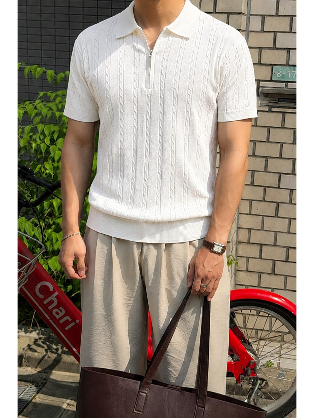 Beyaz Erkek Slim Fit Fermuarlı Polo Yaka Saç Örgü Desenli Triko Tişört – Yazlık Pamuklu Esnek Örme