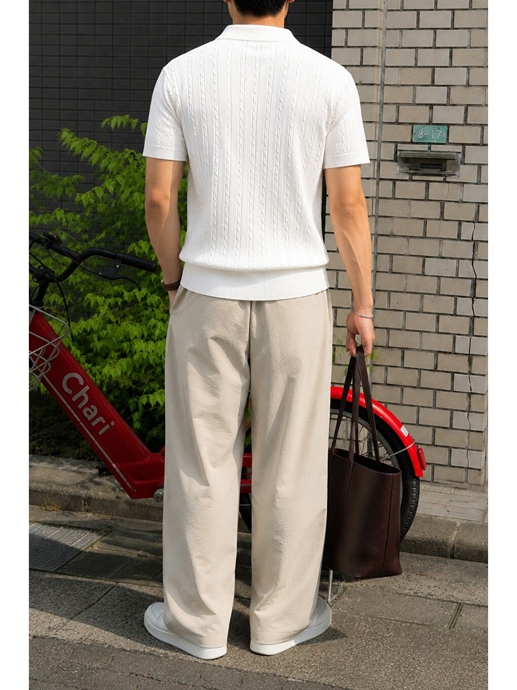 Beyaz Erkek Slim Fit Fermuarlı Polo Yaka Saç Örgü Desenli Triko Tişört – Yazlık Pamuklu Esnek Örme-2