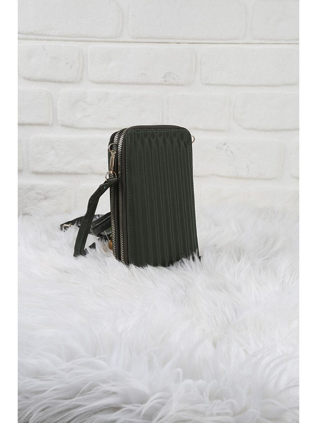 Haki Kendinden Desenli Cüzdan ve Telefon Çantası-1