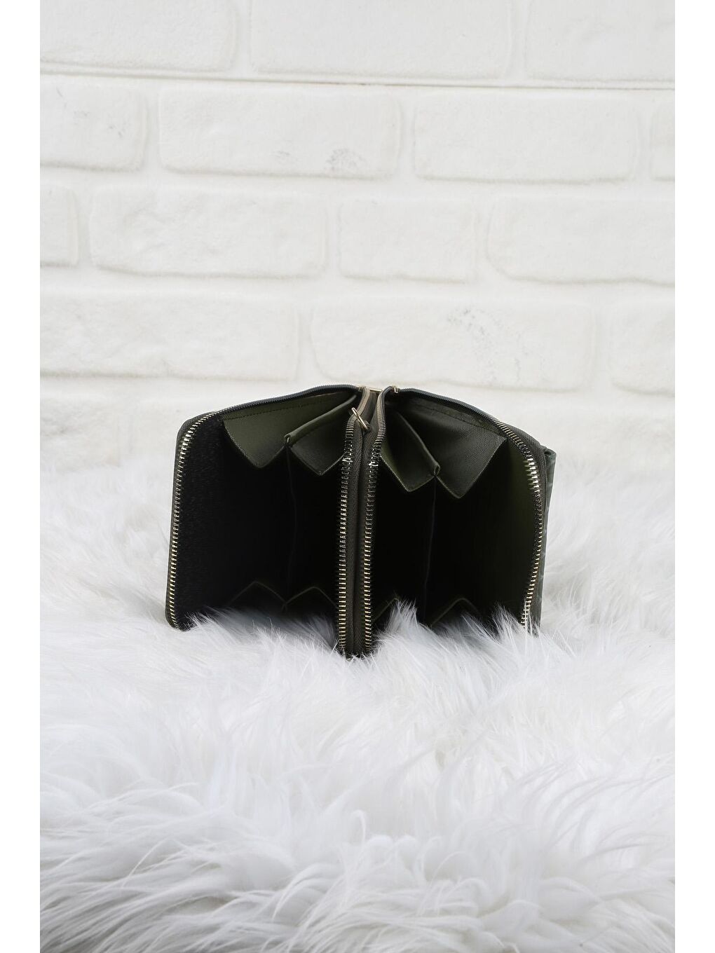 Haki Kendinden Desenli Cüzdan ve Telefon Çantası-2