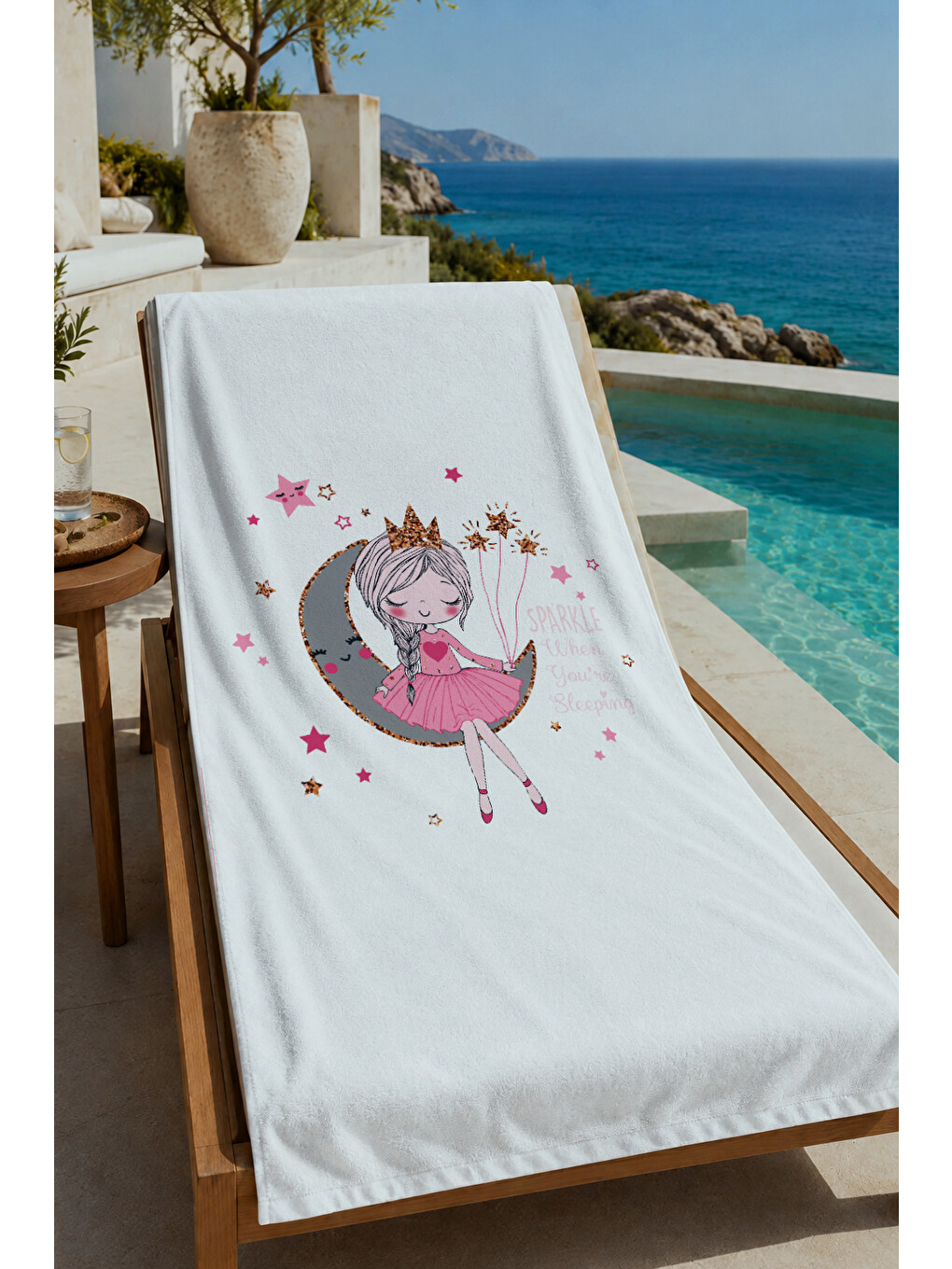 Beyaz Ve Ay Desenli 70x150 Cm Dijital Baskılı Plaj Ve Banyo Havlusu