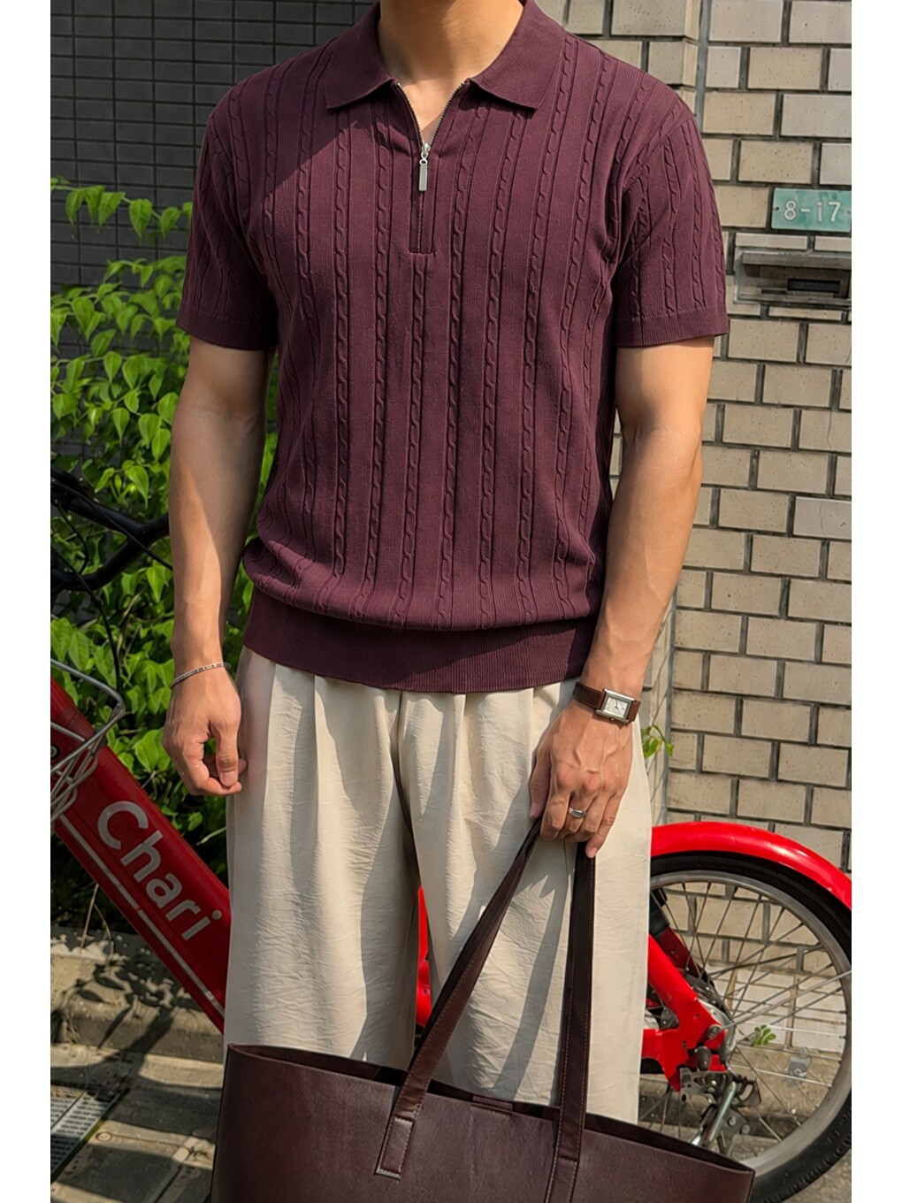 Bordo Erkek Slim Fit Fermuarlı Polo Yaka Saç Örgü Desenli Triko Tişört – Yazlık Pamuklu Esnek Örme