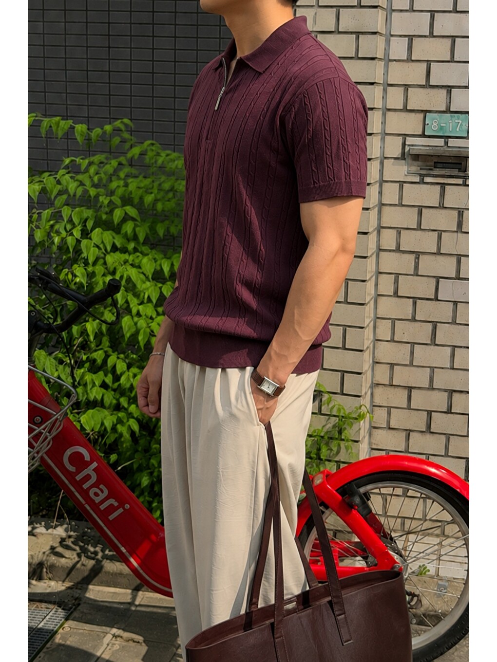 Bordo Erkek Slim Fit Fermuarlı Polo Yaka Saç Örgü Desenli Triko Tişört – Yazlık Pamuklu Esnek Örme-1