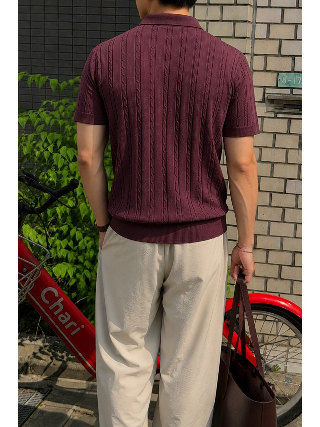 Bordo Erkek Slim Fit Fermuarlı Polo Yaka Saç Örgü Desenli Triko Tişört – Yazlık Pamuklu Esnek Örme-2