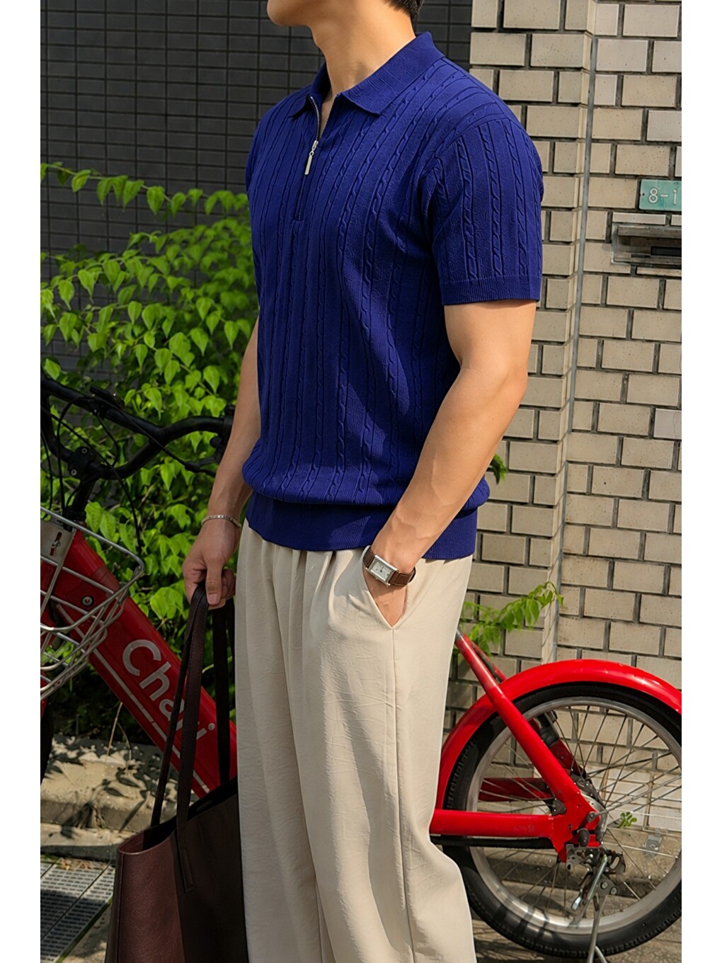 Lacivert Erkek Slim Fit Fermuarlı Polo Yaka Saç Örgü Desenli Triko Tişört – Yazlık Pamuklu Esnek Örme-1