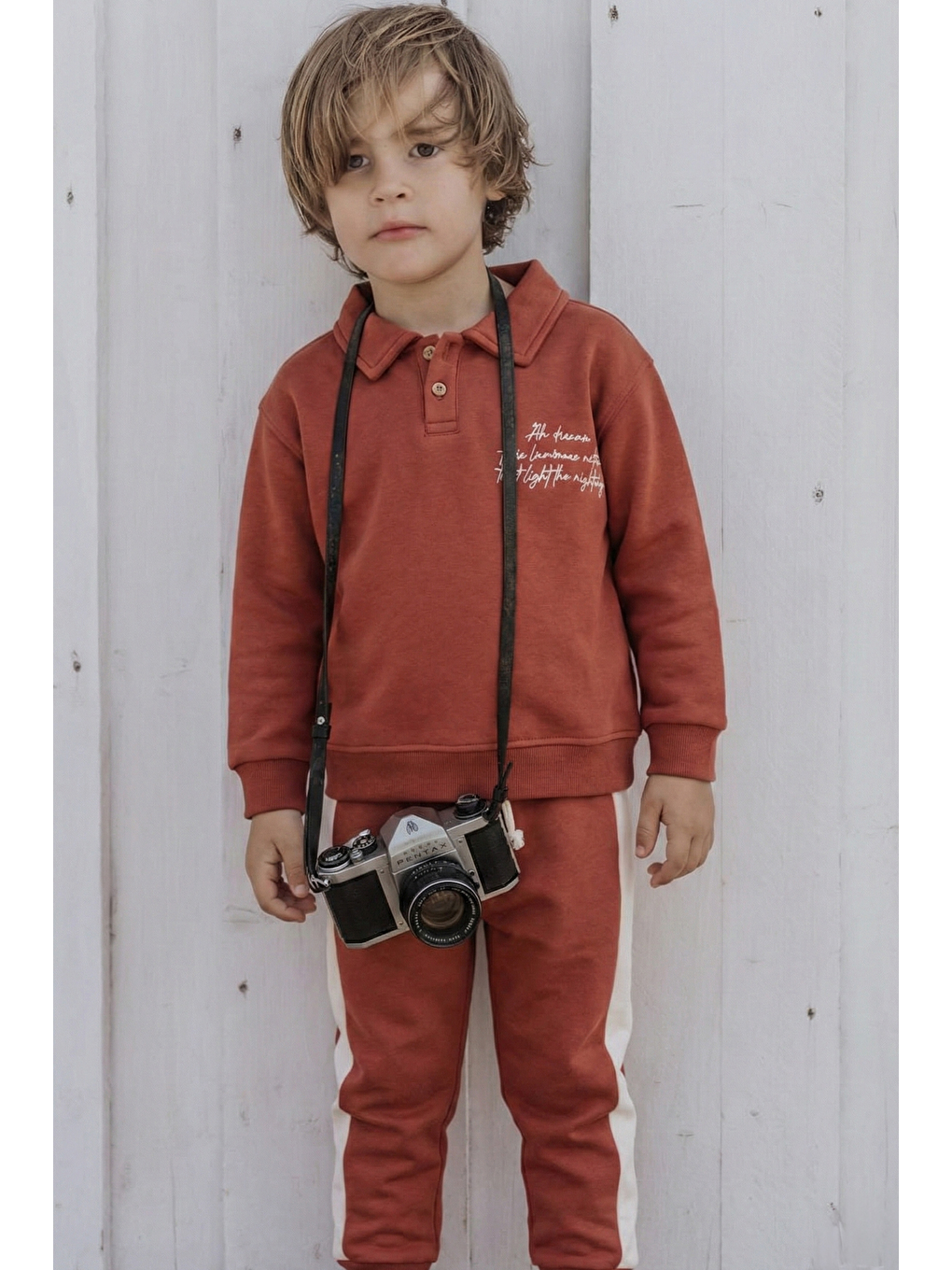 Kahverengi Yakalı Nakış İşlemeli Sweatshirt Takım 2-10 Yaş Kiremit-1