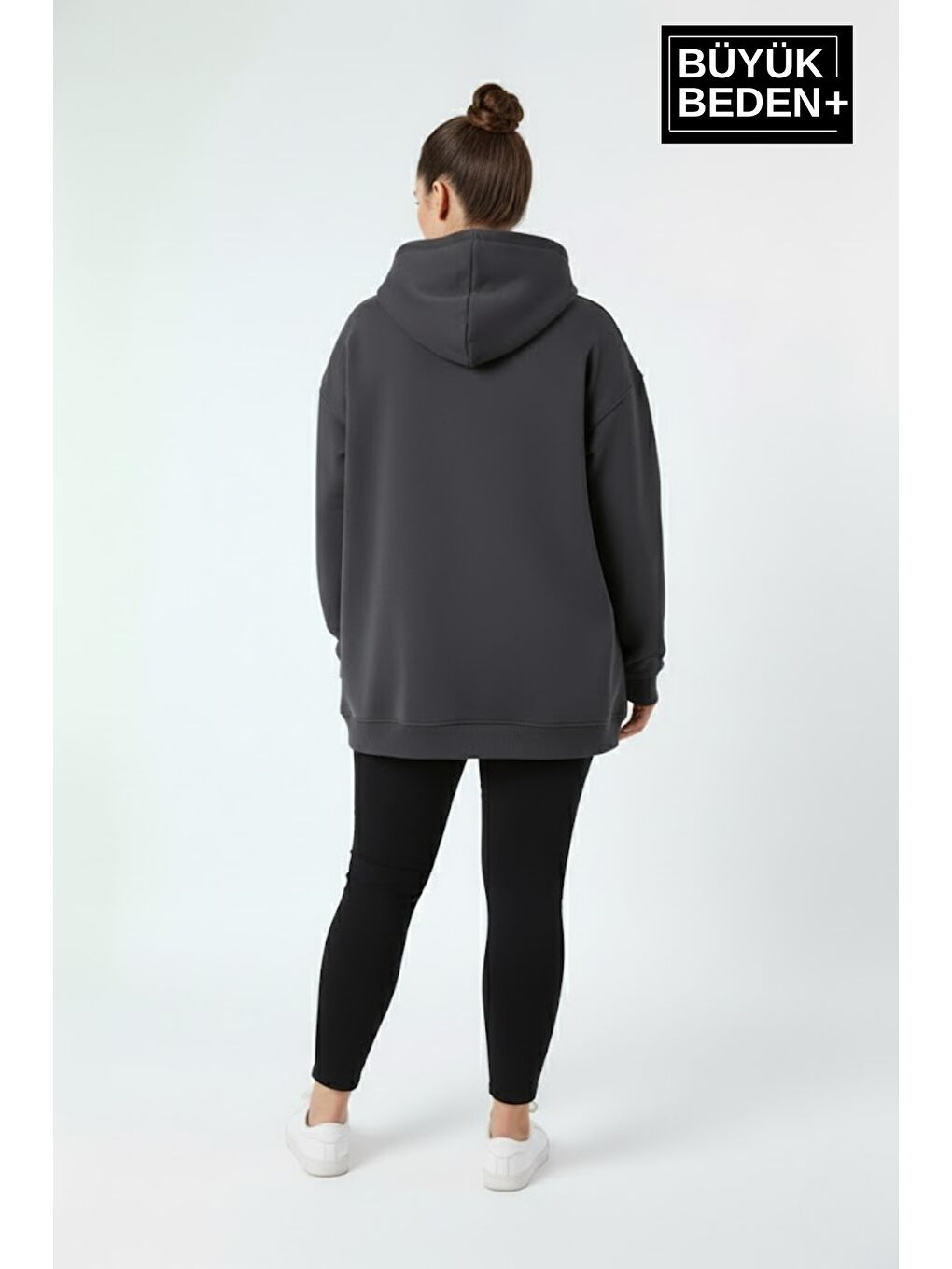 Gri Kadın Büyük Beden AR Baskılı Kapüşonlu Sweatshirt SPR26BSWK963-2