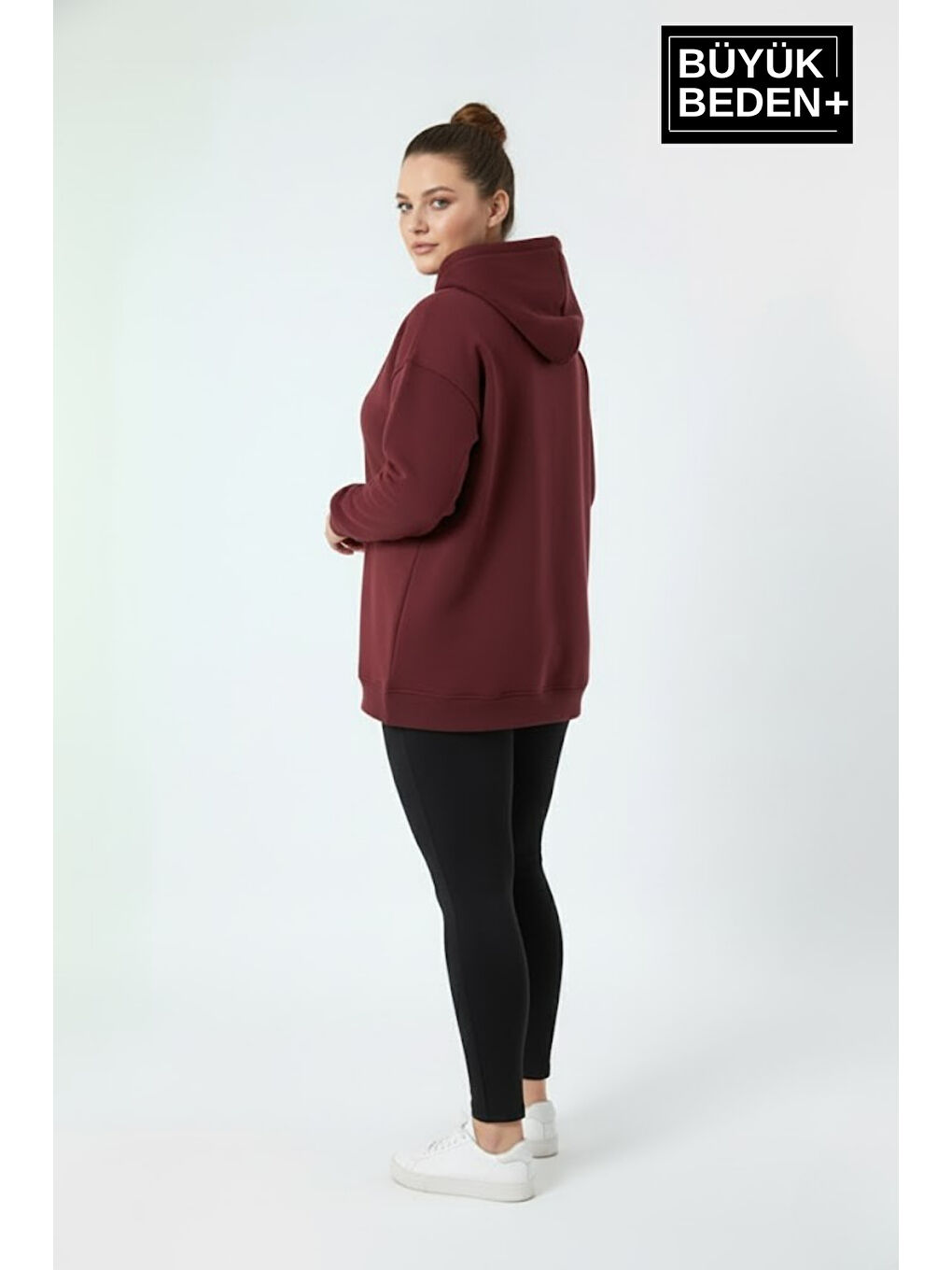 Bordo Kadın Büyük Beden AR Baskılı Kapüşonlu Sweatshirt SPR26BSWK963-1