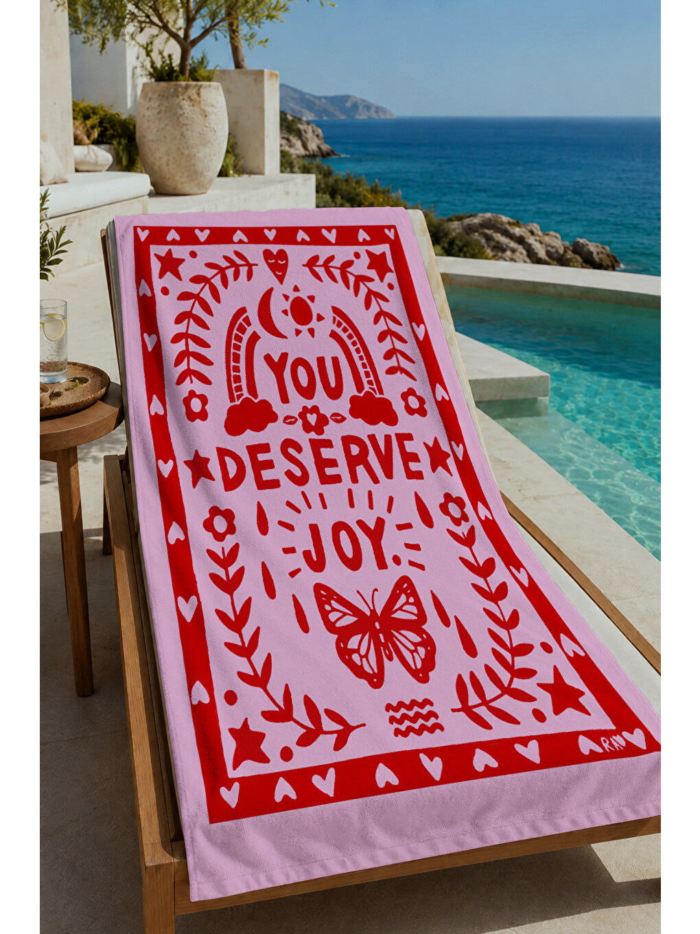 Pembe You Deserve Joy Yazılı Kelebek Desenli 70x150 Cm Dijital Baskılı Plaj Ve Banyo Havlusu