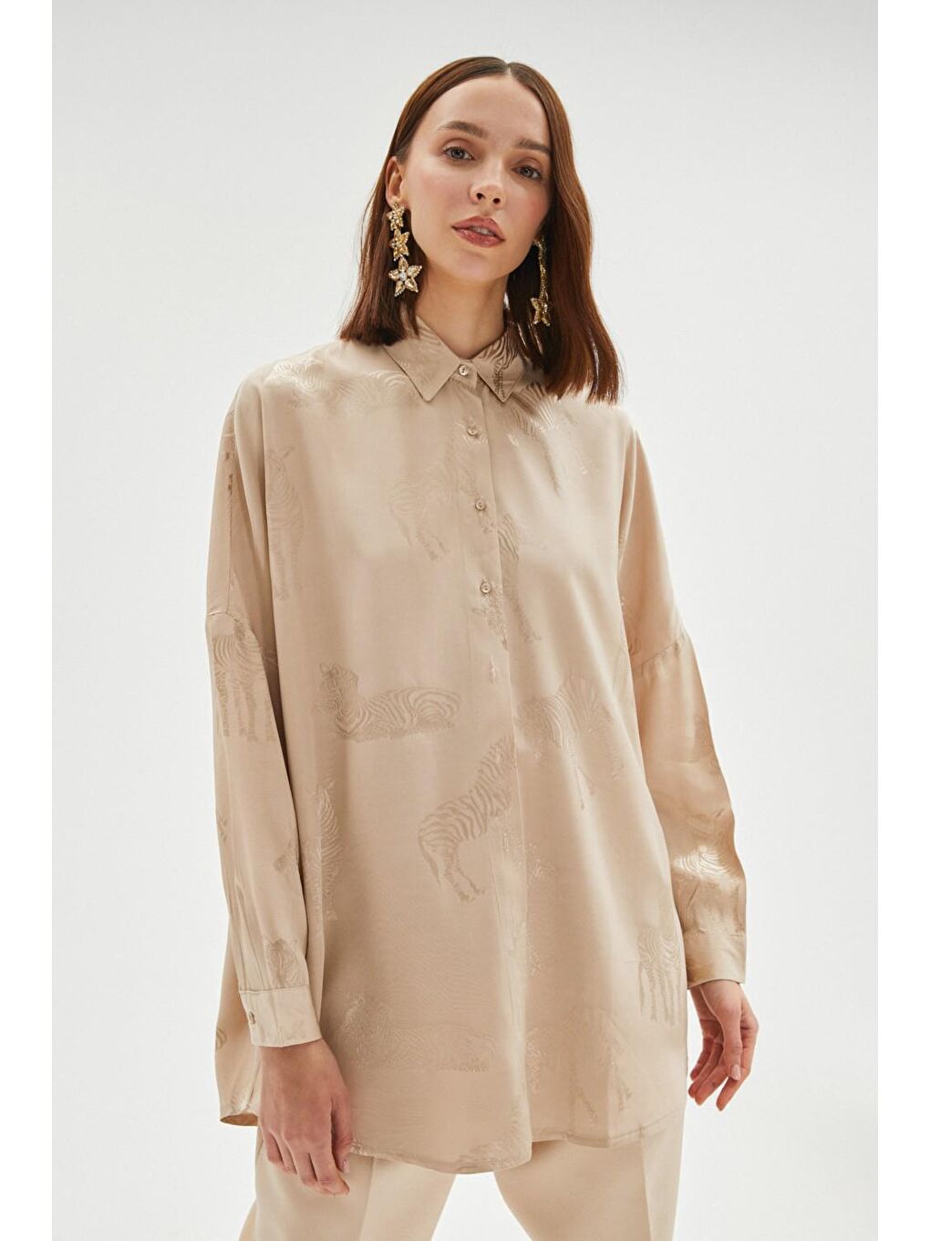Bej Exclusive Kendinden Desenli Viskon Gömlek-2