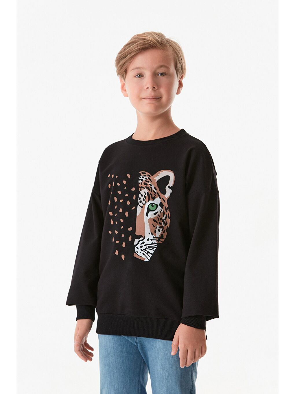 Fullamoda Siyah Leopar Baskılı Bisiklet Yaka Erkek Çocuk Sweatshirt