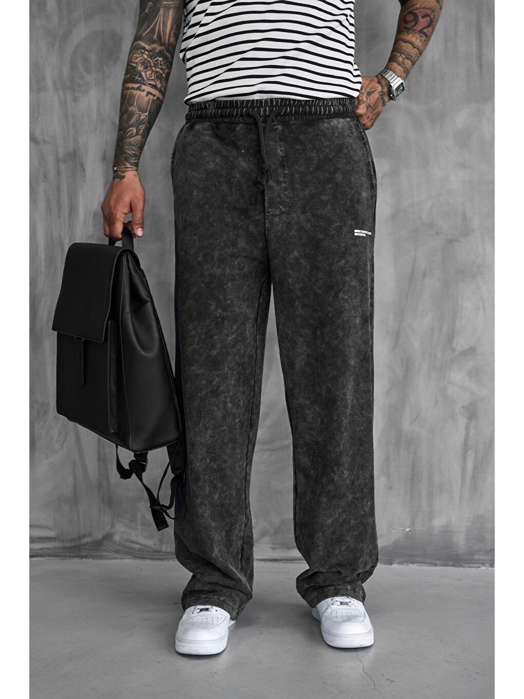 Erkek Baskılı Yıkamalı Baggy Fit Eşofman Siyah