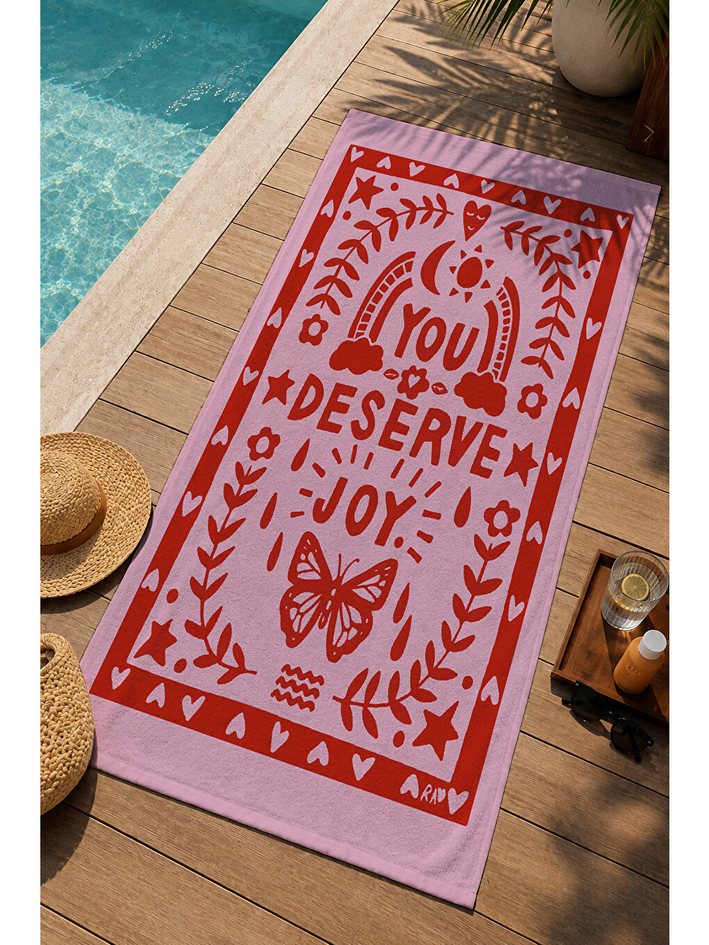 Pembe You Deserve Joy Yazılı Kelebek Desenli 70x150 Cm Dijital Baskılı Plaj Ve Banyo Havlusu-2